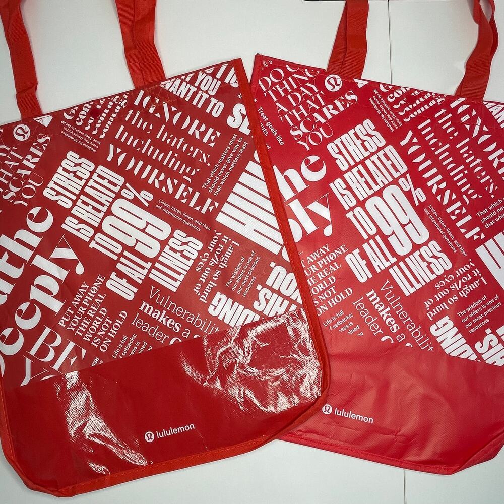 Set of 2 — LULULEMON Reusable Large Tote Shopping Bags Logo Text Print Red White